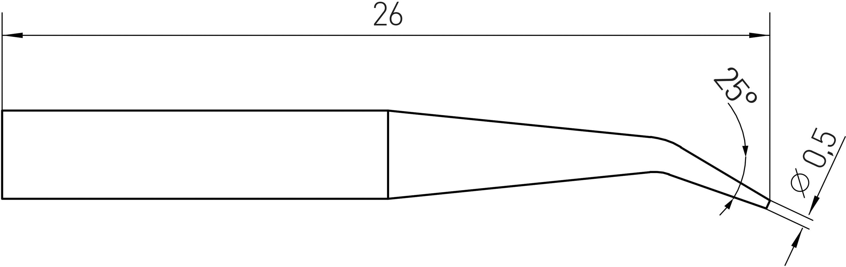 Rysunek techniczny elementu kątowego: całkowita długość 26 mm, zagięcie pod kątem 25 stopni i średnica 0,5 mm na końcu.