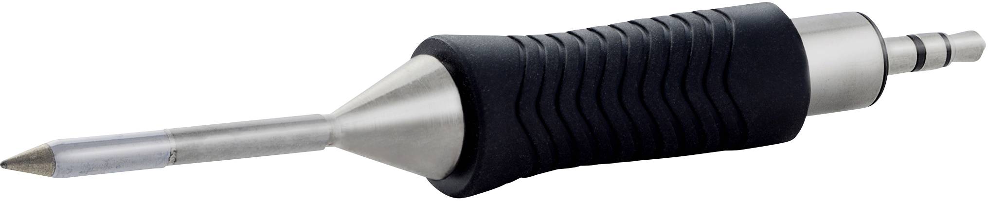 Element maszyny do tatuażu z ergonomicznym, czarnym uchwytem i metalowym grotem używanym do wykonywania tatuaży.