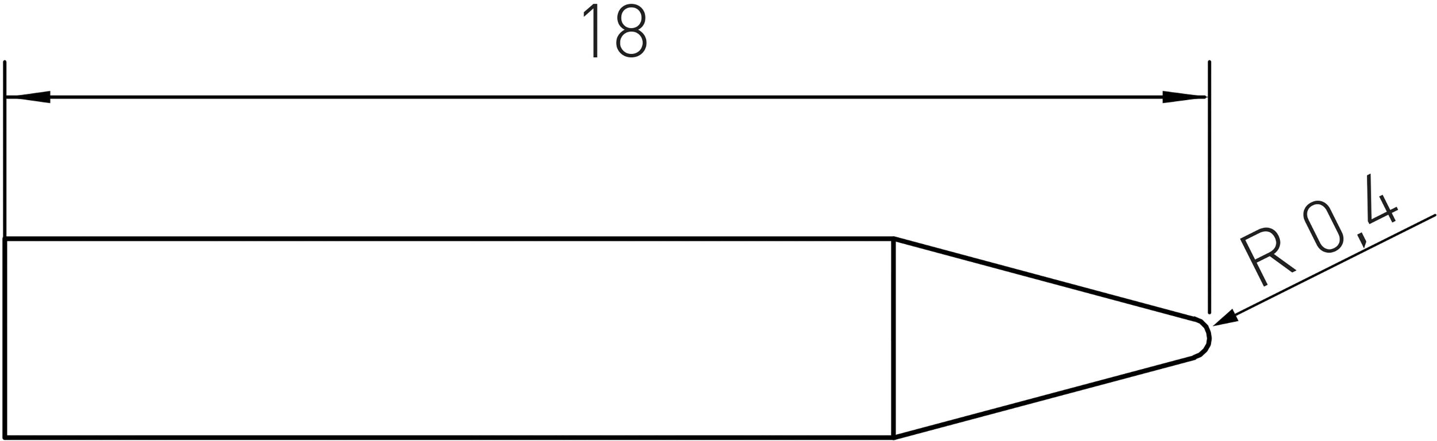 Rysunek techniczny długopisu z wymiarami: długość 18 mm, promień 0,4 mm.