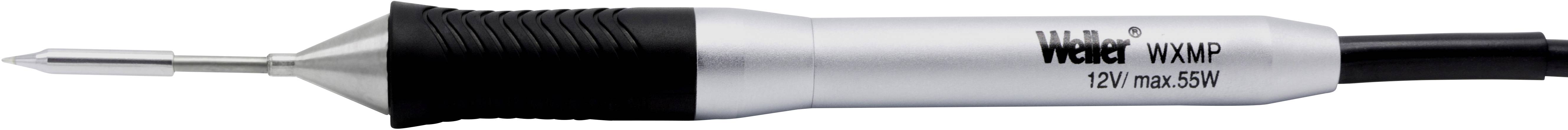 Lutownica Weller z czarną rękojeścią i srebrnym trzonkiem. Na trzonku widnieje napis 'Weller 230V max. 50W'. Odpowiednia do prac lutowniczych.