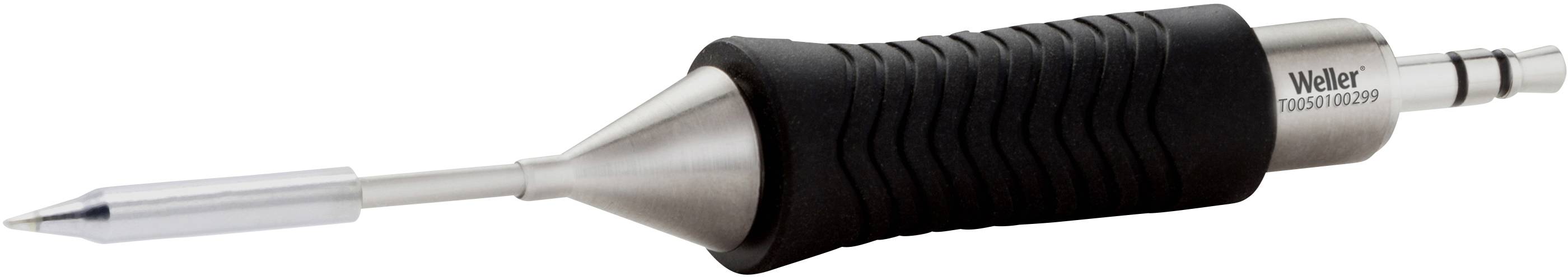 Lutownica z ergonomicznym uchwytem, czarną gumową obudową i srebrnym grotem; odpowiednia do precyzyjnych prac lutowniczych.