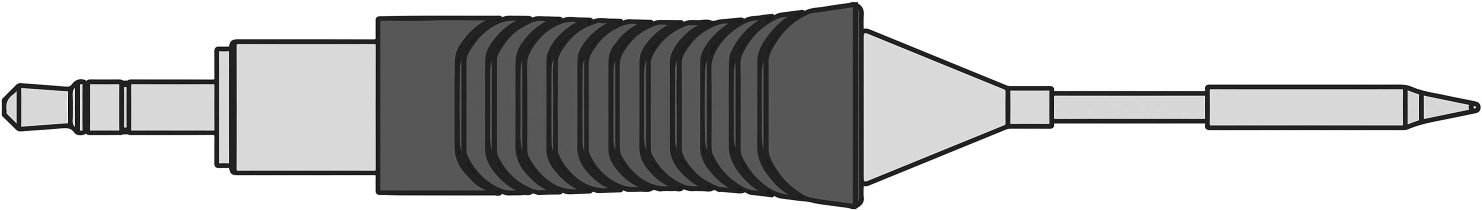 Ilustracja złącza optycznego z żebrowaną osłoną i wąską wkładką do podłączania kabli światłowodowych.