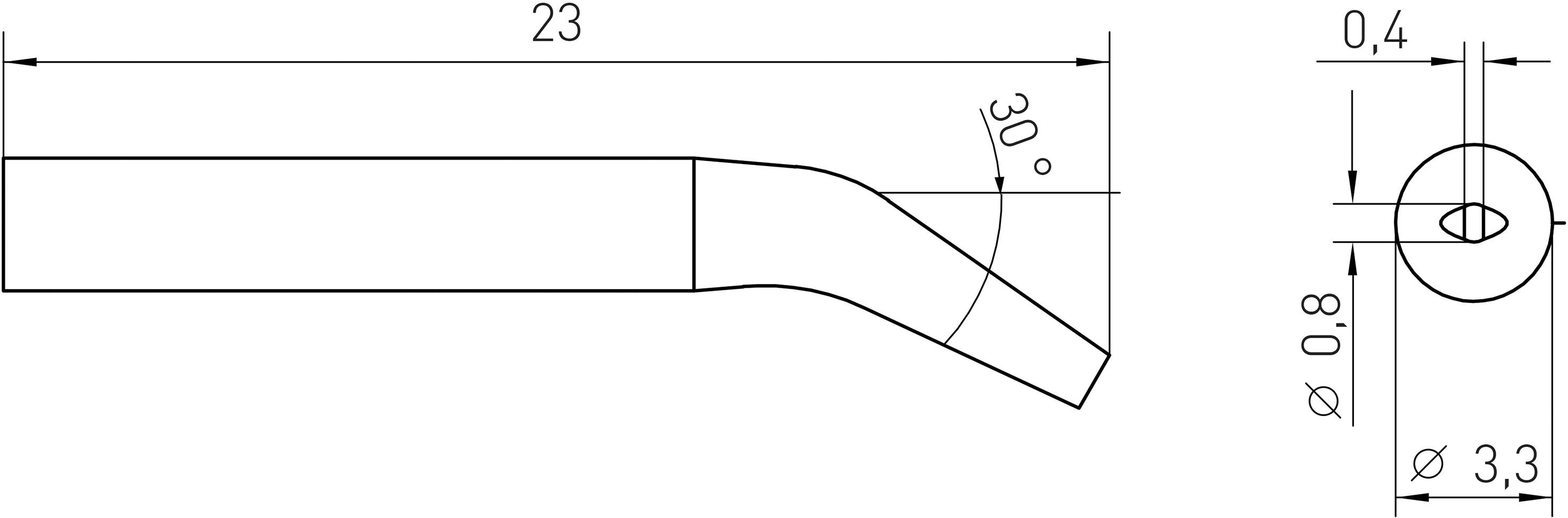 Rysunek techniczny końcówki rury z zagięciem. Długość 23, kąt 30 stopni, średnica 3,3. Widok boczny i górny.