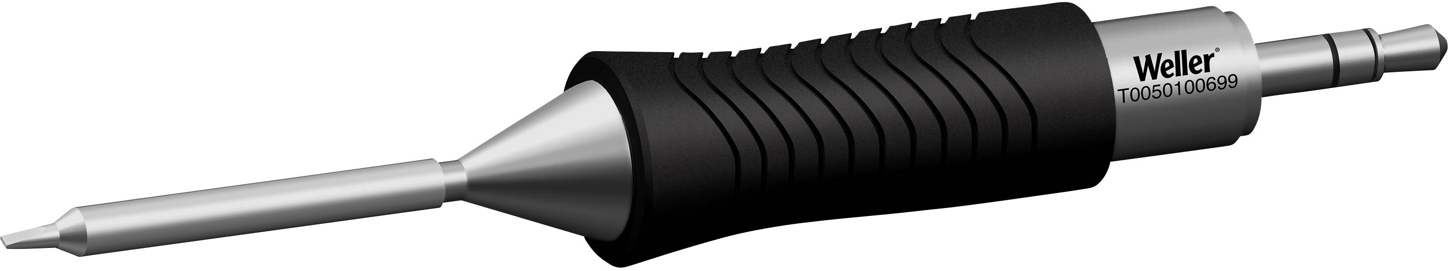 Lutownica z czarną rękojeścią, metalowym grotem; oznaczona 'Weller T0050104099'. Stosowana głównie w pracach elektronicznych.