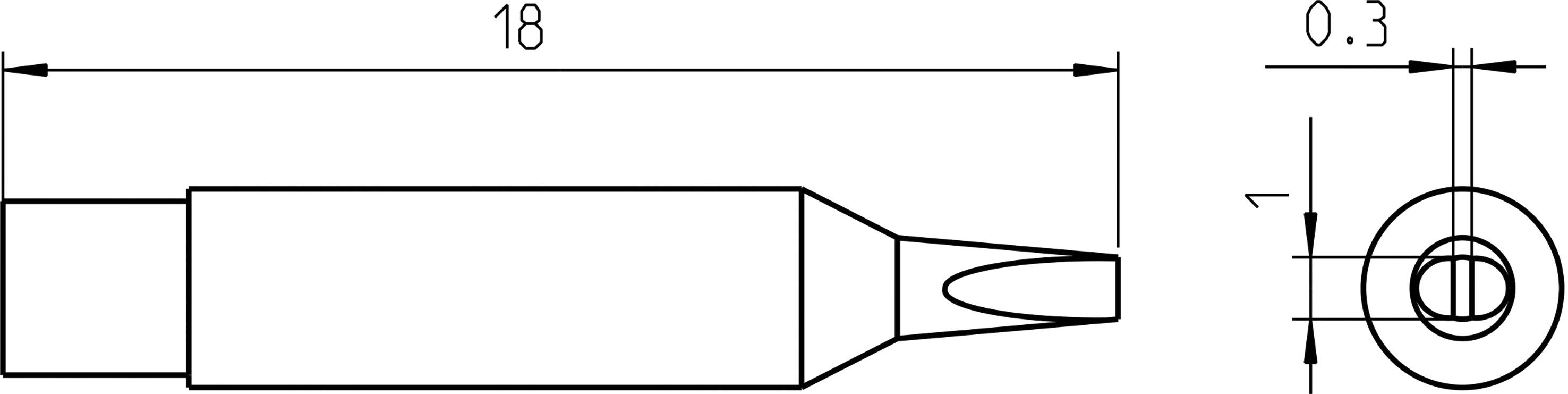 Rysunek techniczny końcówki wkrętakowej z wymiarowaniem: długość 18 mm, średnica 0,3 mm, przekrój wraz z wymiarowaniem 1 mm.