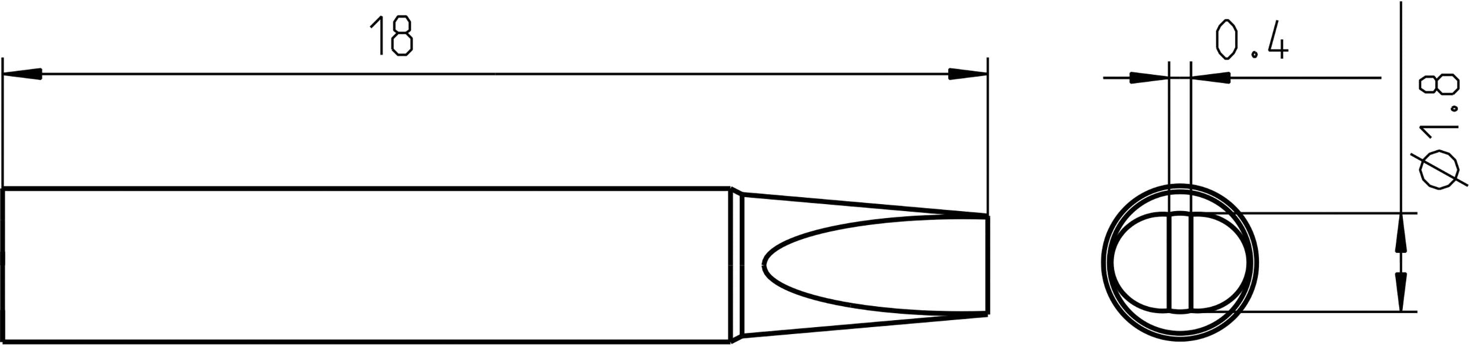 Rysunek techniczny cylindra z wymiarowaniem: długość 18, średnica 1,8; wierzchołek oznaczony 0,4.