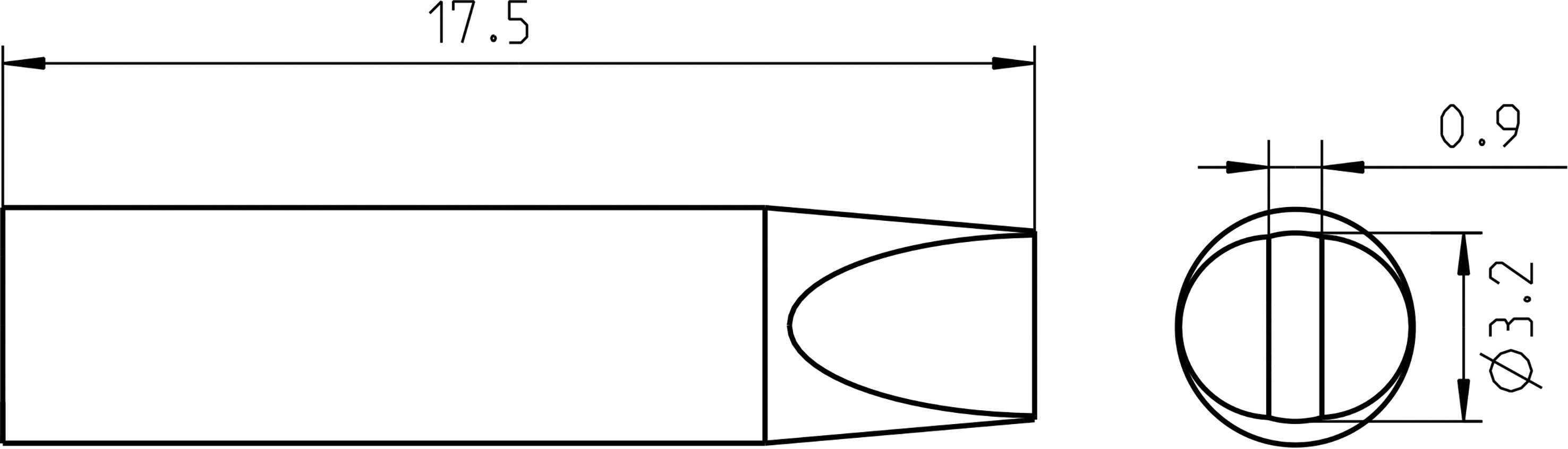 Rysunek techniczny części cylindrycznej: długość 17,5 mm, średnica 3,2 mm, czubek zwężony do 0,9 mm.