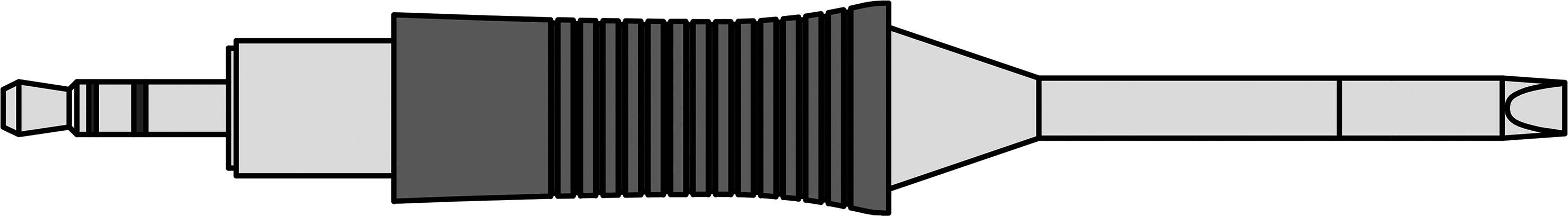 Ilustracja wtyku audio 6,35 mm w widoku z boku. Wtyk posiada żebrowaną rękojeść i różne sekcje.