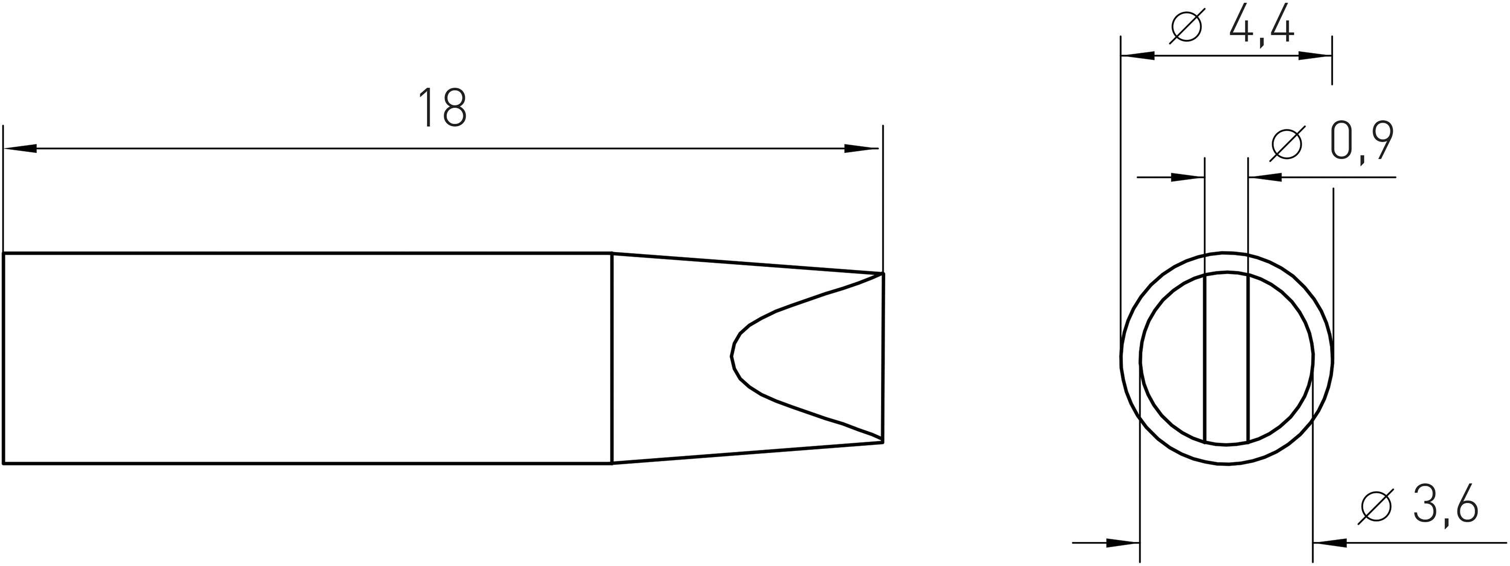 Szablon z wymiarowaniem: Po lewej stronie element cylindryczny o długości 18 mm. Po prawej widok z góry, średnica 4,4 mm, otwór 0,9 mm, okrąg wewnętrzny 3,6 mm.