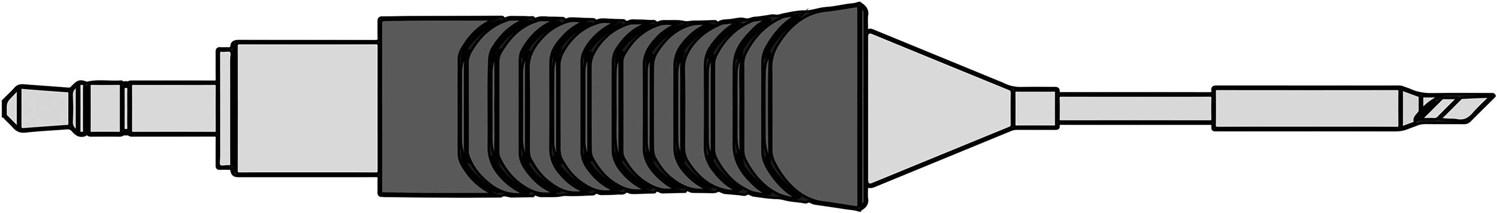 Rysunek techniczny przedstawia adapter z żebrowaną częścią łączącą oraz różnymi wtyczkami na obu końcach.