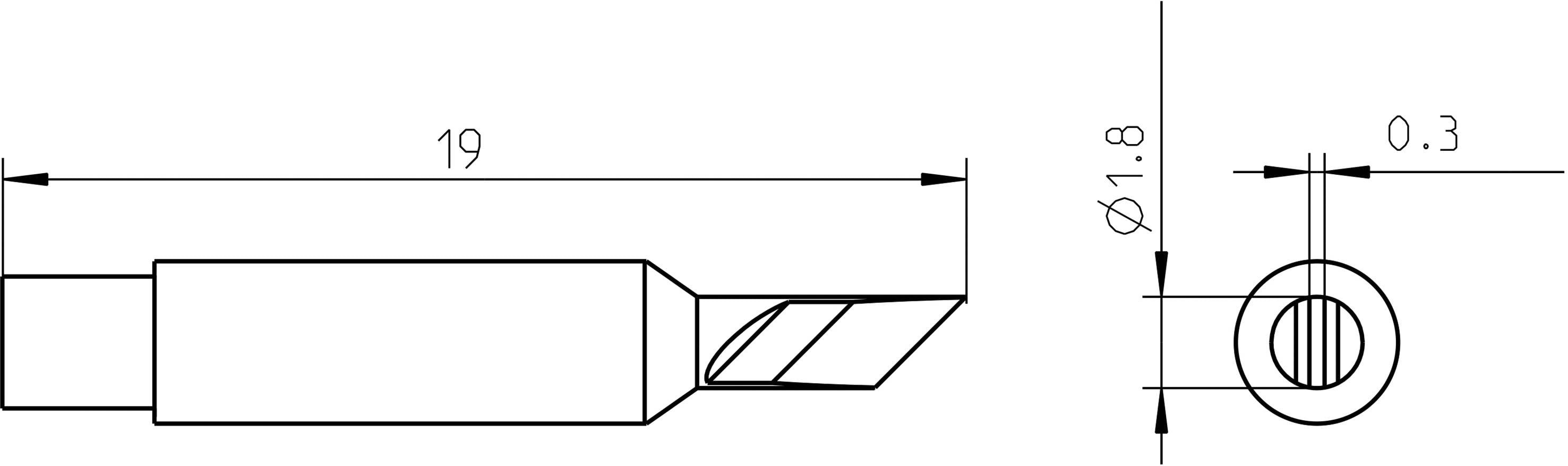 Rysunek techniczny narzędzia tnącego z wymiarami: długość 19 mm, średnica 1,8 mm, dodatkowe szczegóły 0,3 mm. Widok boczny i czołowy.