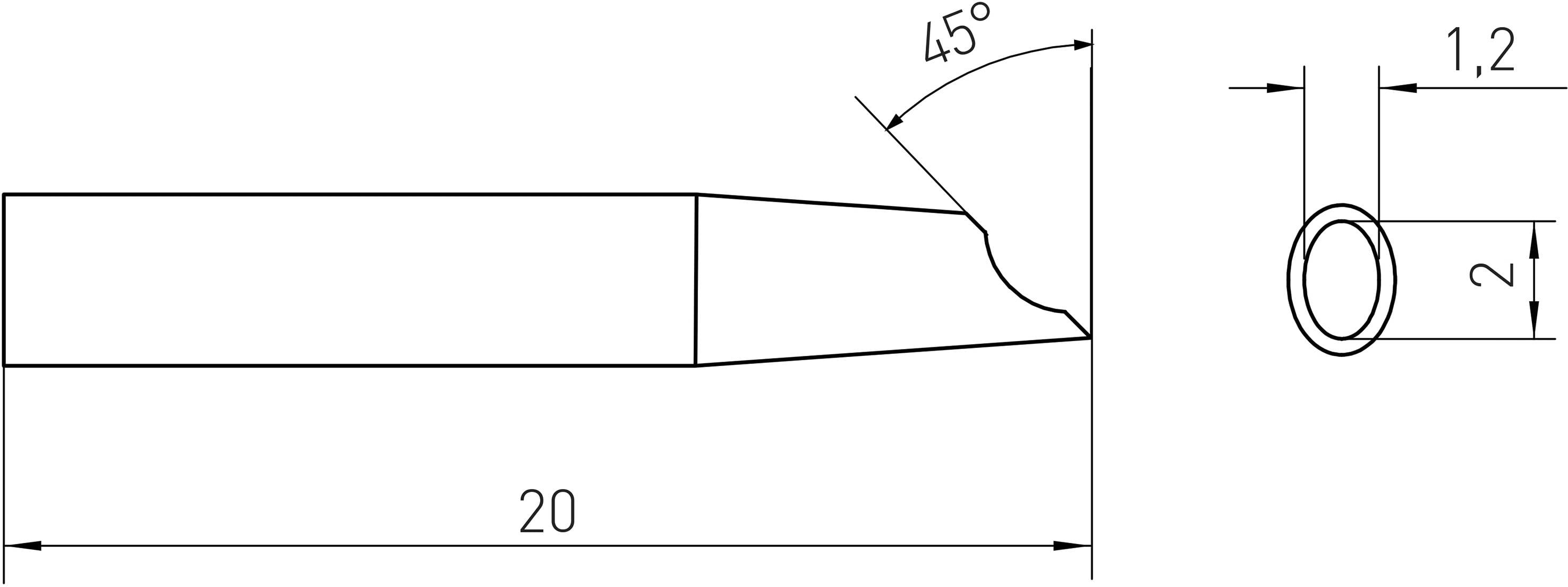 Rysunek techniczny cylindrycznego elementu z ściętą końcówką. Długość 20, końcówka pod kątem 45°, średnica 2, grubość 1,2.