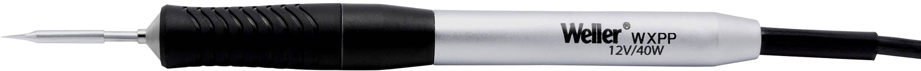 Lutownica z czarną rękojeścią i srebrną obudową, model 'Weller WXP 80', przeznaczona do prac lutowniczych.