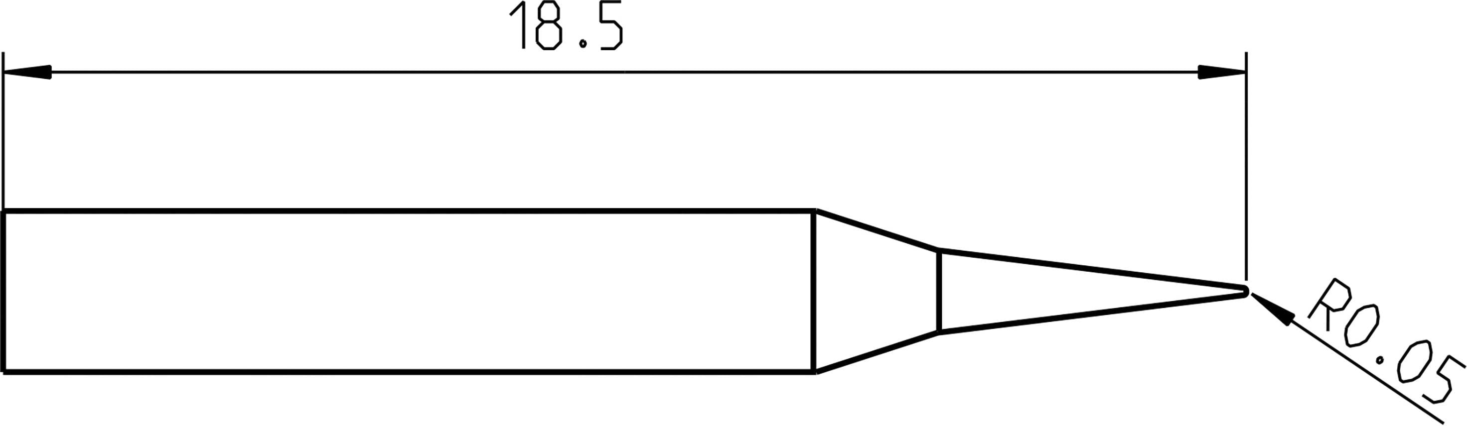 Rysunek techniczny przekroju grotu lutownicy. Długość 18,5 mm, końcówka oznaczona promieniem R0,05.