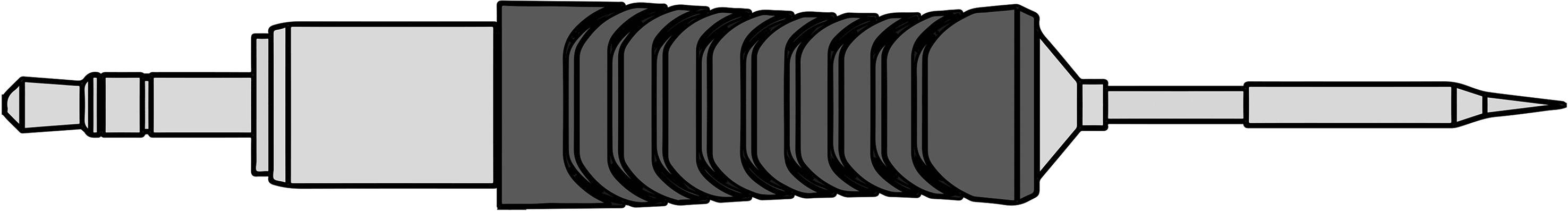 Kabel koncentryczne z wtykiem BNC po lewej stronie i wąskim metalowym stykiem po prawej stronie, otoczone żebrowaną obudową z tworzywa sztucznego.