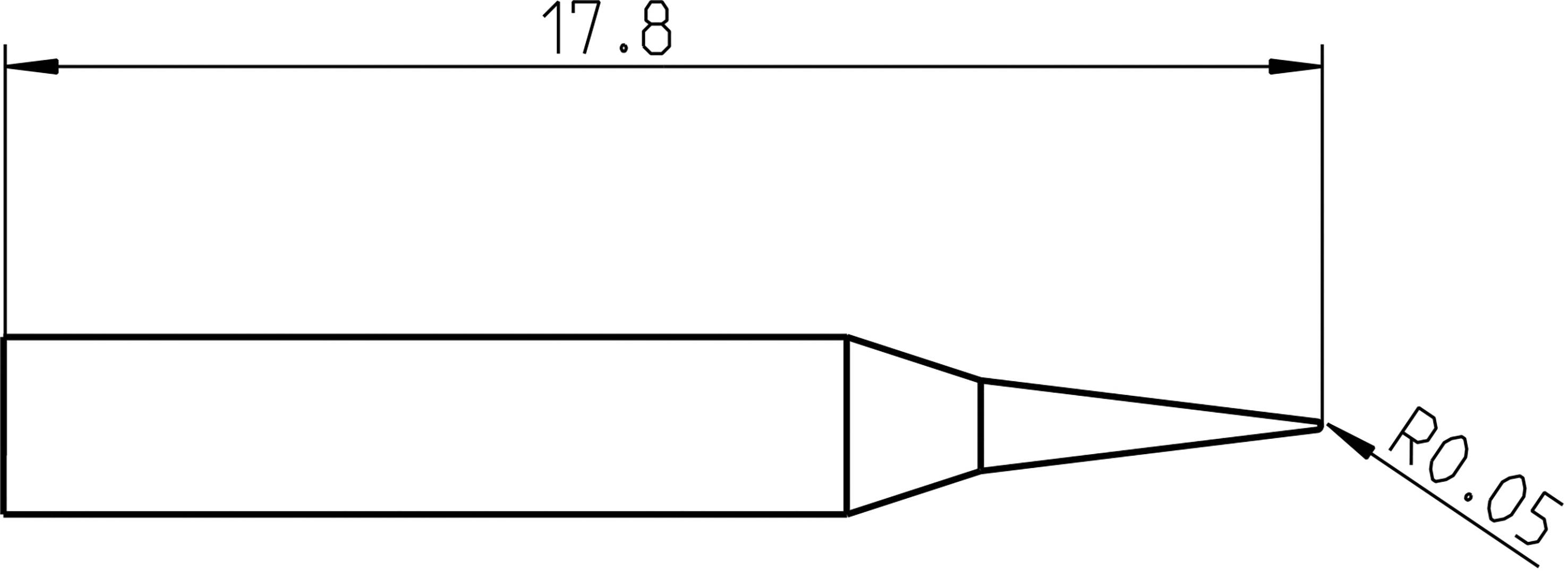 Rysunek techniczny narzędzia. Widok z boku z całkowitą długością 17,8 oraz oznaczeniem promienia 'R0,05' na końcu.