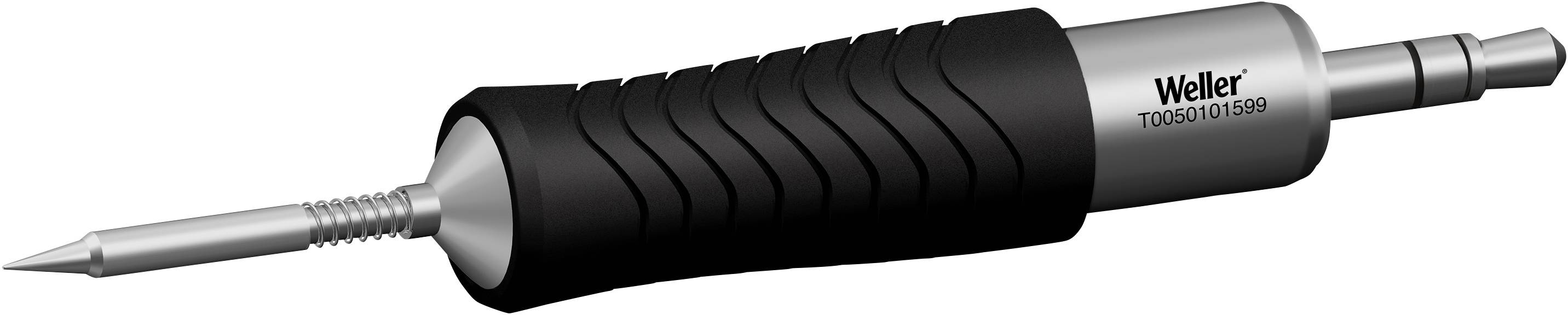 Lutownica z cienką, spiczastą końcówką. Rękojeść jest czarna z rowkami, metalowy trzon jest oznaczony napisem 'Weller T0050101999'.