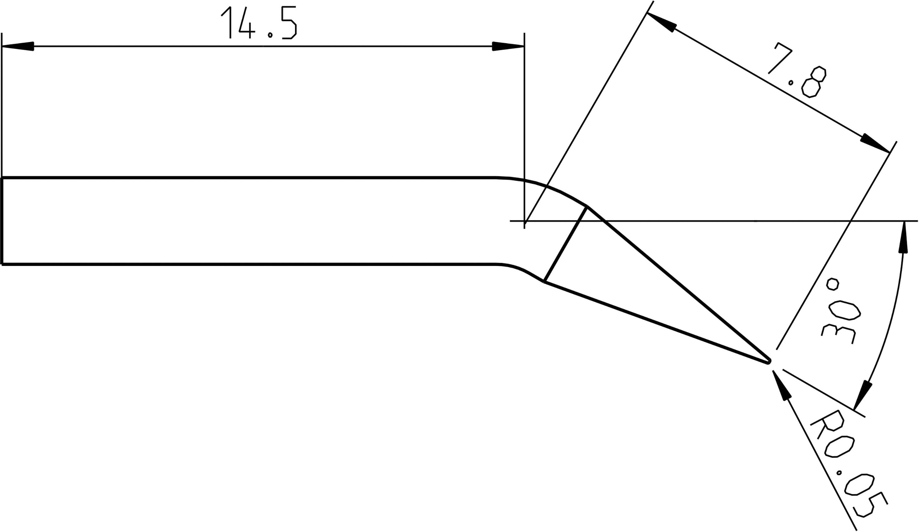 Rysunek techniczny końcówki narzędzia z wymiarami: 14,5 cm długości, 7,8 cm nachylenia, kąt 30 stopni, promień u podstawy 0,05 cm.