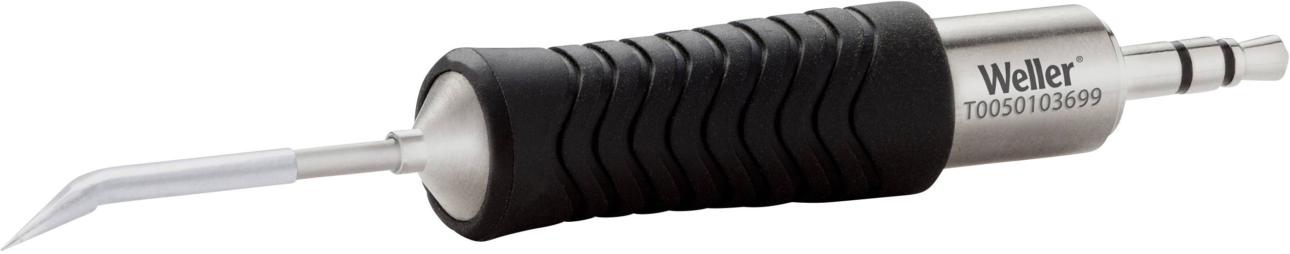 Lutownica z ergonomicznym uchwytem i zakrzywioną końcówką, na której widnieje nazwa marki 'Weller'.