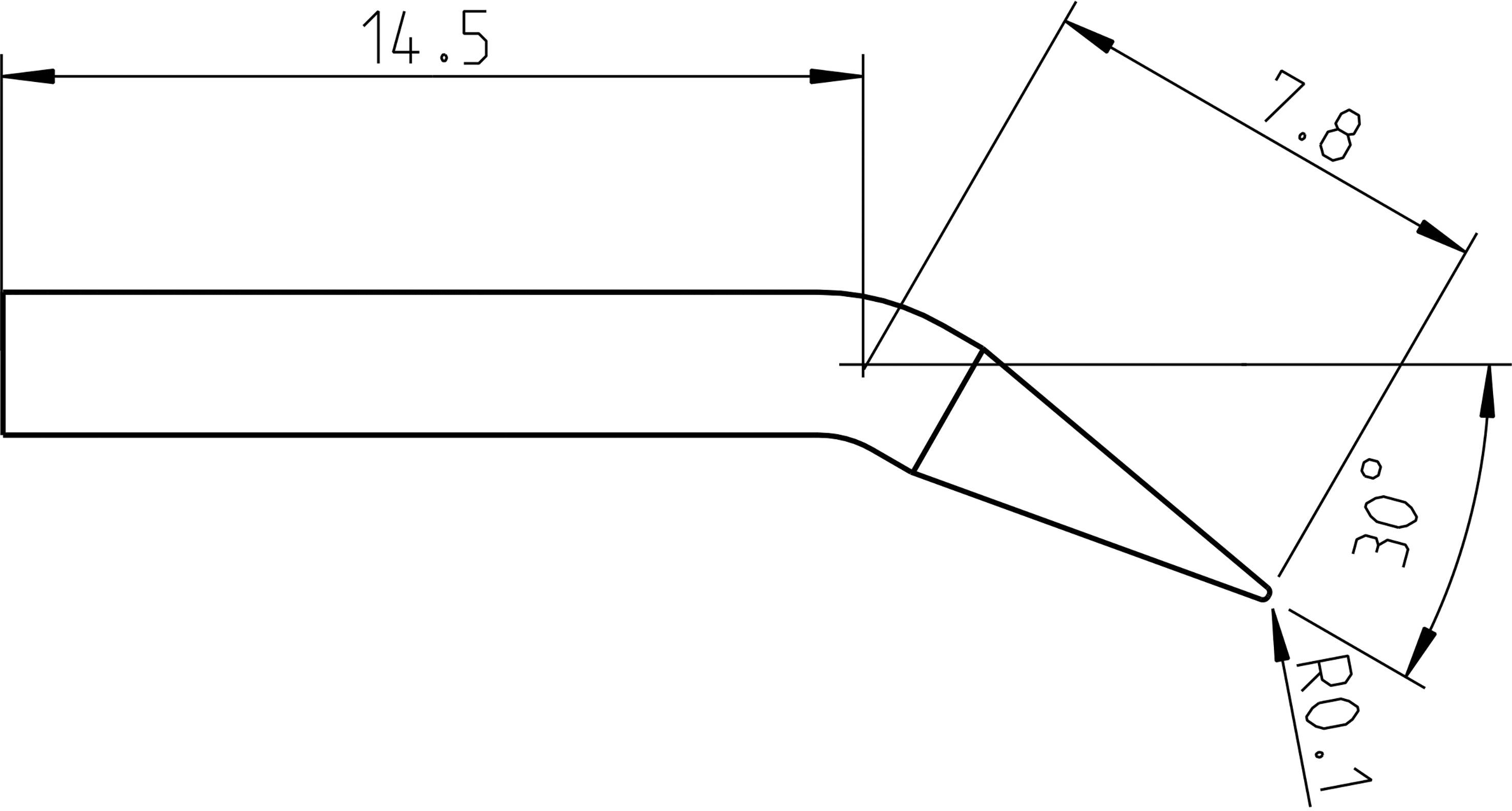 Rysunek techniczny metalowego narzędzia z wymiarami: długość 14,5, szerokość 7,8, kąt 30 stopni, promień 0,1.