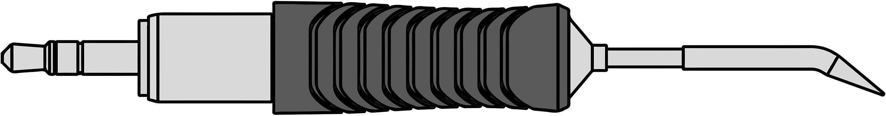 Rysunek narzędzia ręcznego z żebrowanym uchwytem i zakrzywioną końcówką, prawdopodobnie narzędzia specjalistycznego do określonych zastosowań.