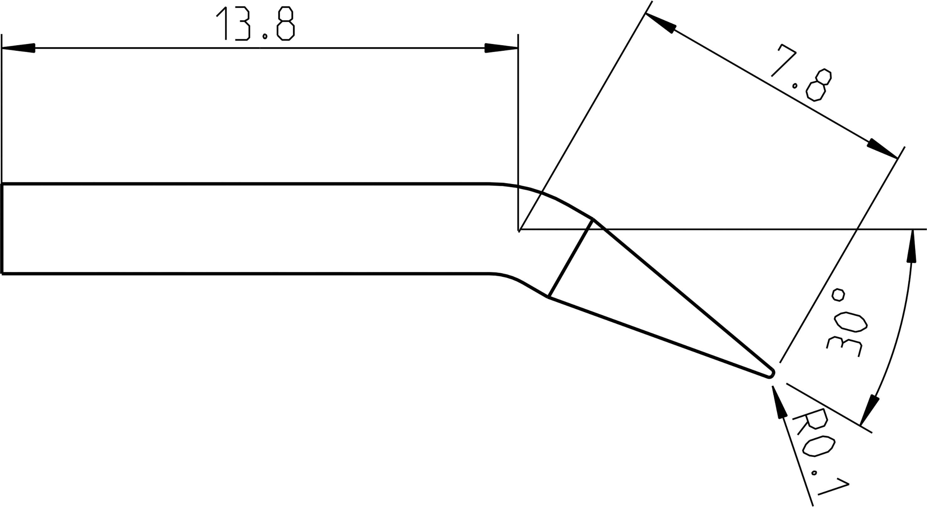 Rysunek techniczny elementu metalowego z wymiarami i kątami: długość 13,8, skos 7,8, kąt 30 stopni, zaokrąglony czubek R0,1.