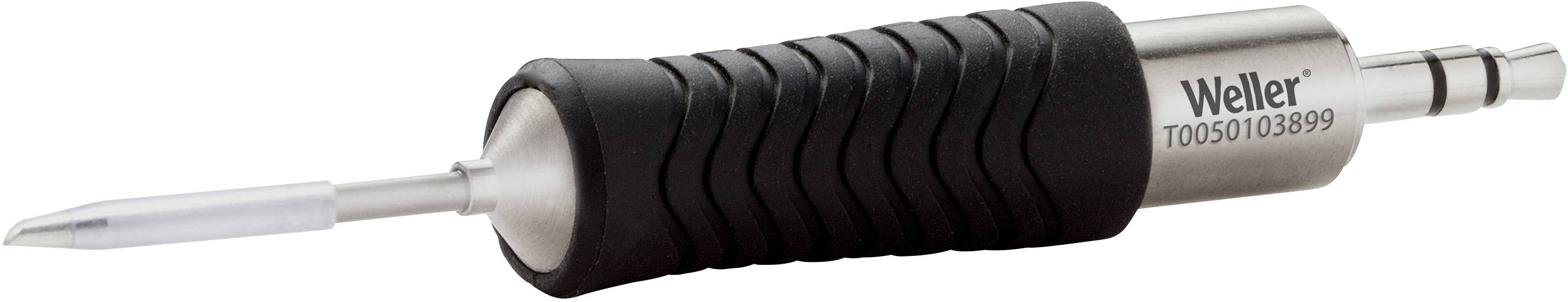 Lutownica Weller z czarną rękojeścią z tworzywa sztucznego i srebrnym grotem, numer modelu T0050103899.