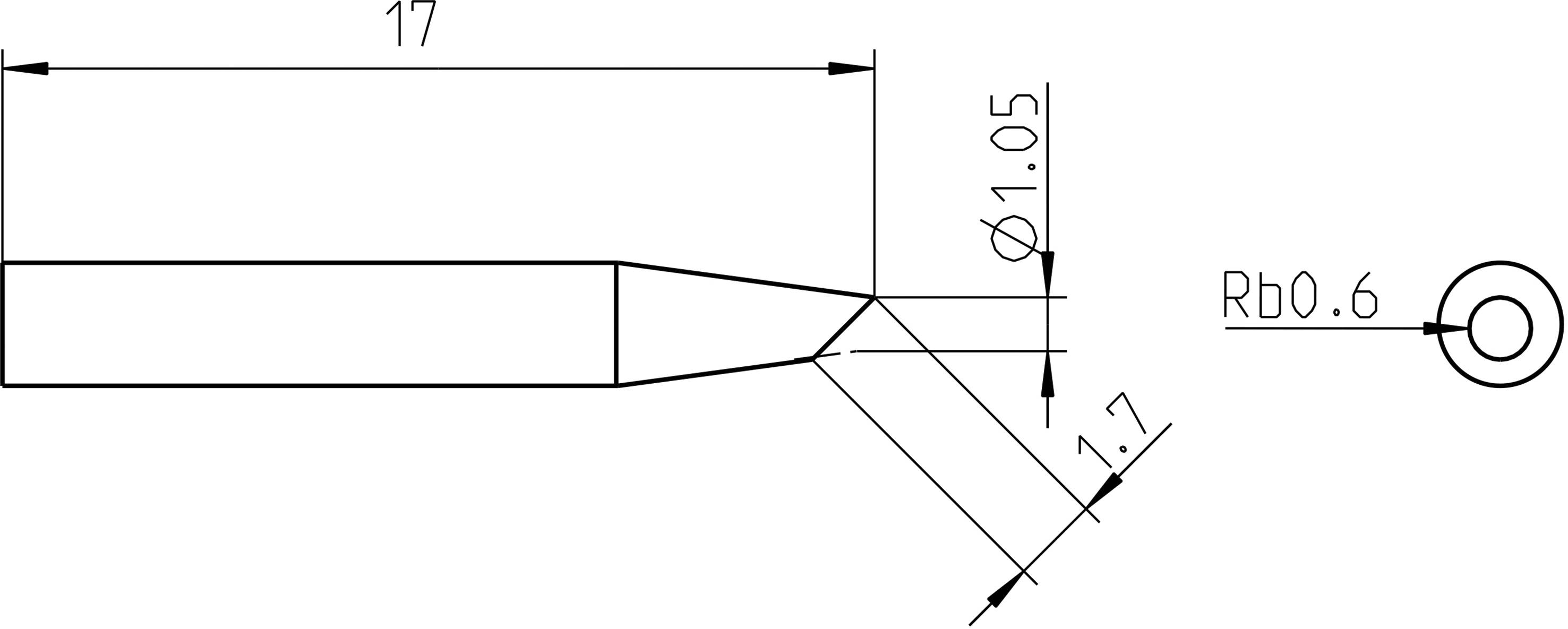 Rysunek techniczny narzędzia o następujących wymiarach: długość 17 mm, średnica główki 1,05 mm oraz promień 0,6 mm.