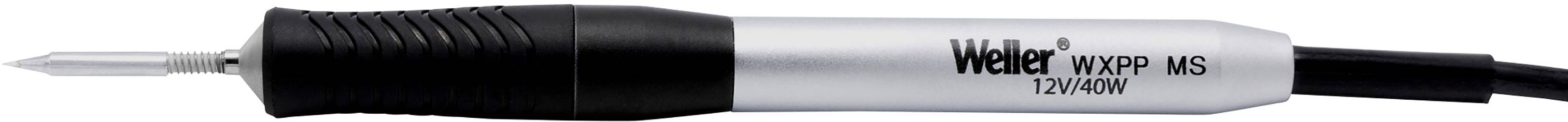 Lutownica z napisem 'Weller WXP MS 72 W/80 W', czarny uchwyt, czarny przewód, metalowa końcówka. Odpowiednia do precyzyjnych prac lutowniczych.