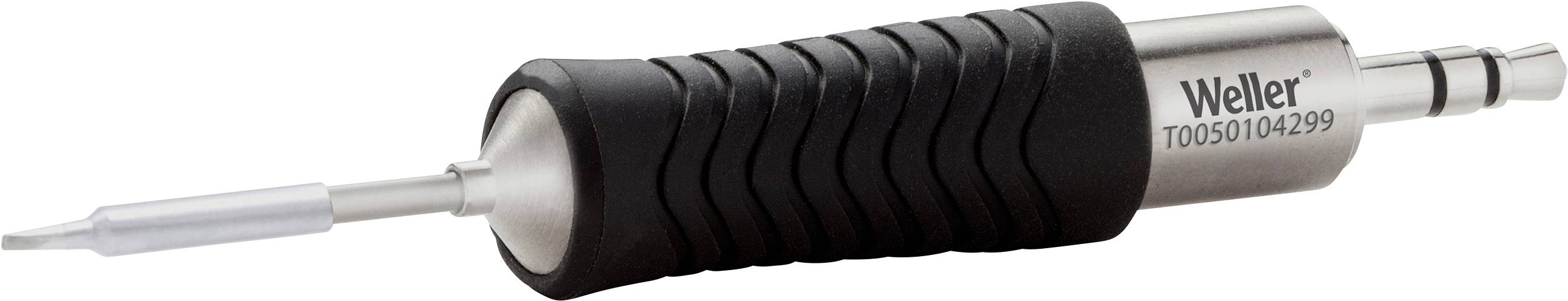 Lutownica z cienką, metalową końcówką i czarnym, żłobionym uchwytem. Na boku widnieje napis 'Weller T0050104299'.