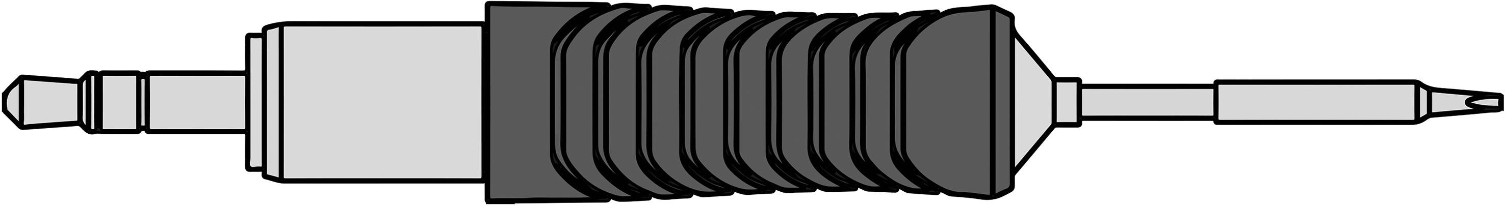 Wtyk jack 6,35 mm całkowicie włożony do gniazda. Po lewej większa wtyczka, po prawej mniejsze złącze.