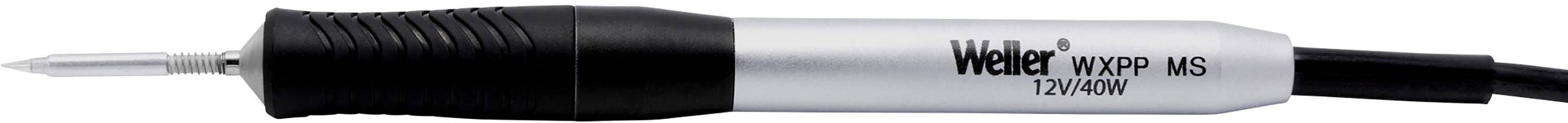 Lutownica z wąską końcówką, czarną rękojeścią i srebrną obudową, oznaczona napisem 'Weller WXP 65 12V/80W'.