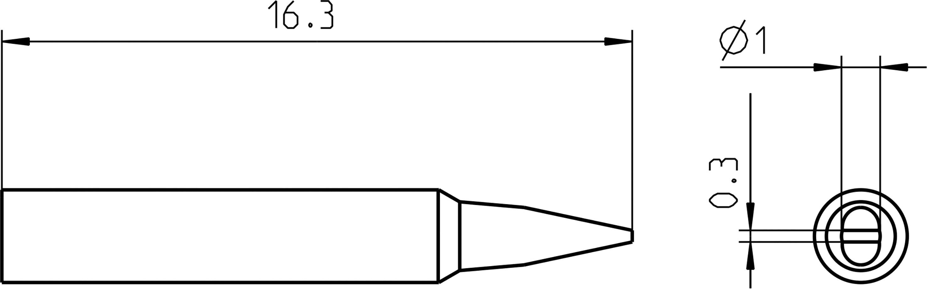 Rysunek techniczny grota lutowniczego z wymiarami: długość 16,3 mm, średnica końcówki 0,1 mm, średnica trzonu 0,3 mm.