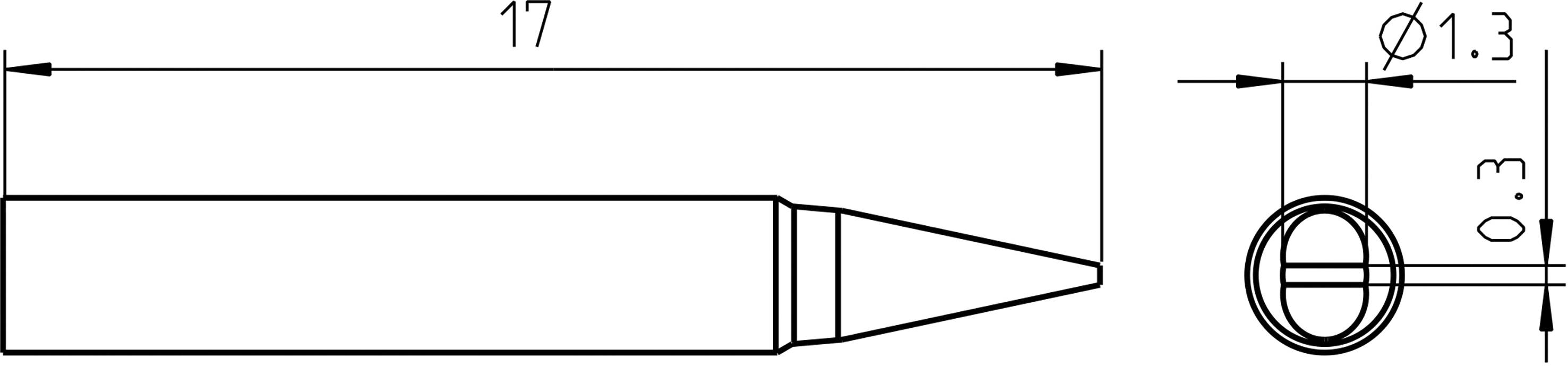 Rysunek techniczny cylindrycznej końcówki lutowniczej o długości 17 mm, średnicy 1,3 mm i czubku o grubości 0,3 mm.