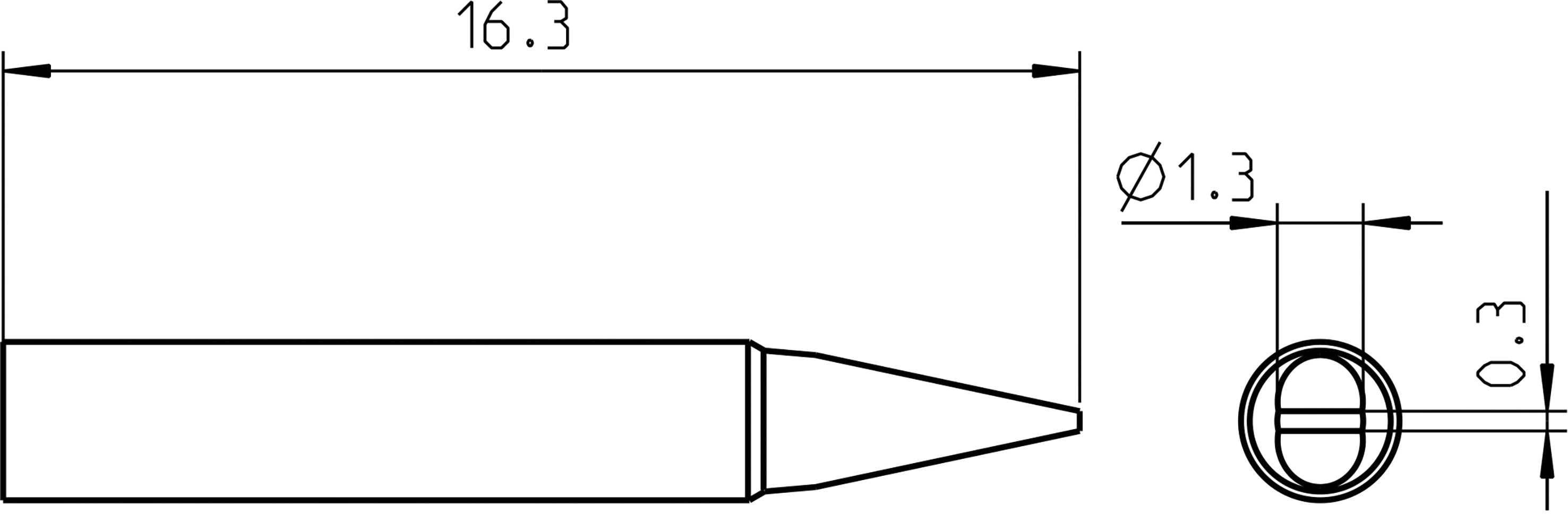 Rysunek techniczny grotu lutownicy o wymiarach: długość 16,3 mm, średnica 1,3 mm, końcówka 0,3 mm. Widok z góry i widok z boku.