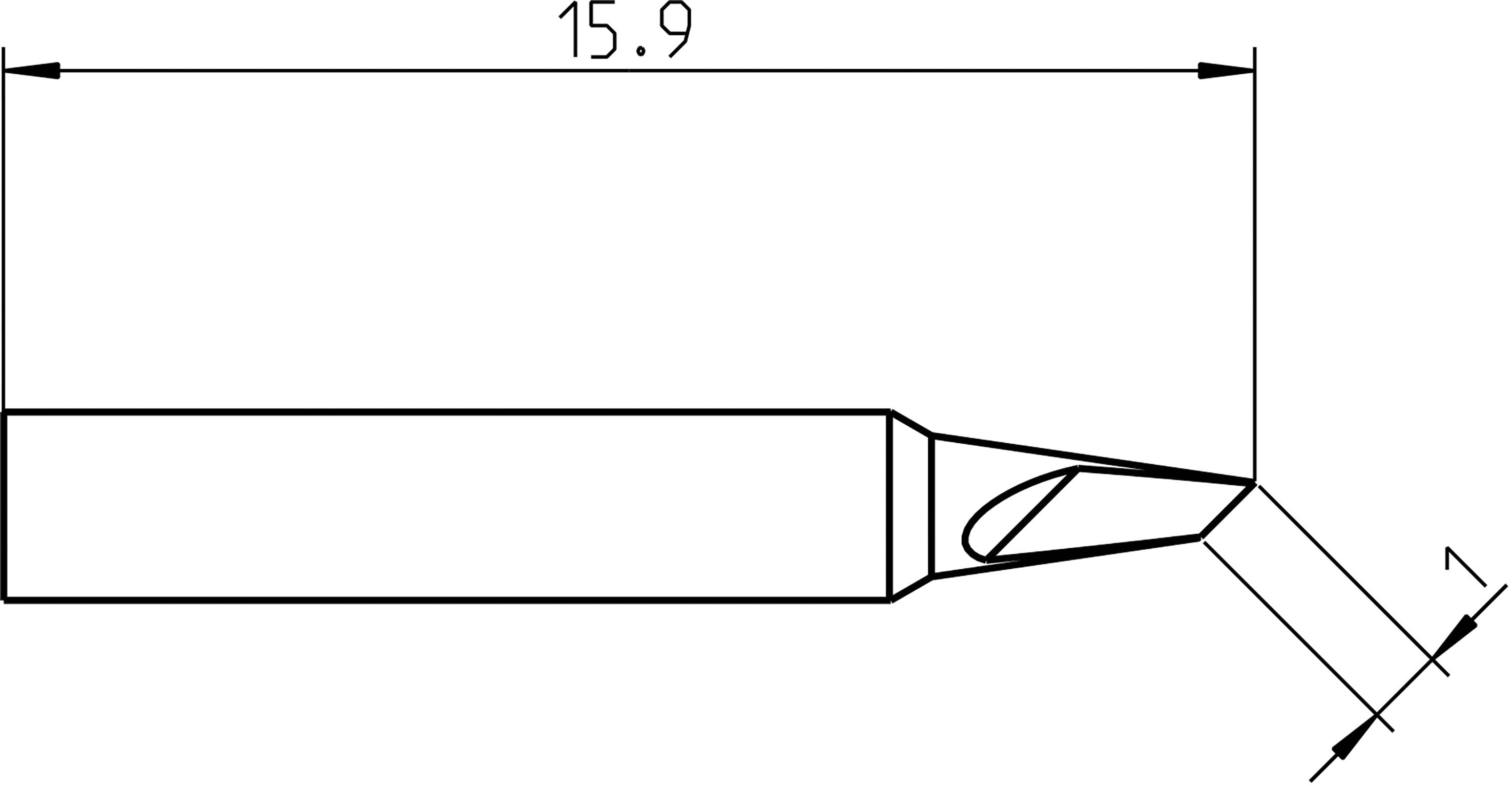 Rysunek techniczny narzędzia z ostrzem typu dłuto z dwoma wymiarami: całkowita długość 15,9 mm i kąt wierzchołkowy 7 stopni.