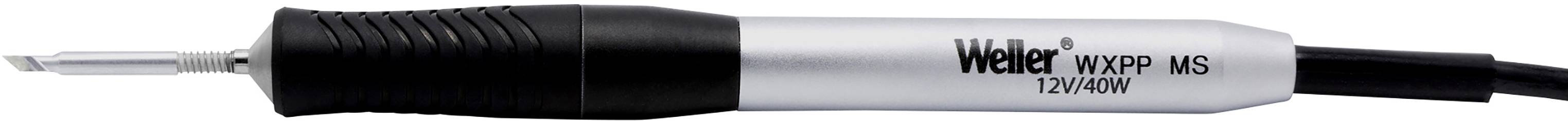 Lutownica z napisem 'Weller WXP MS 12V 40W'. Ma czarno-srebrną kolorystykę, cienkie, spiczaste zakończenie oraz przewód.