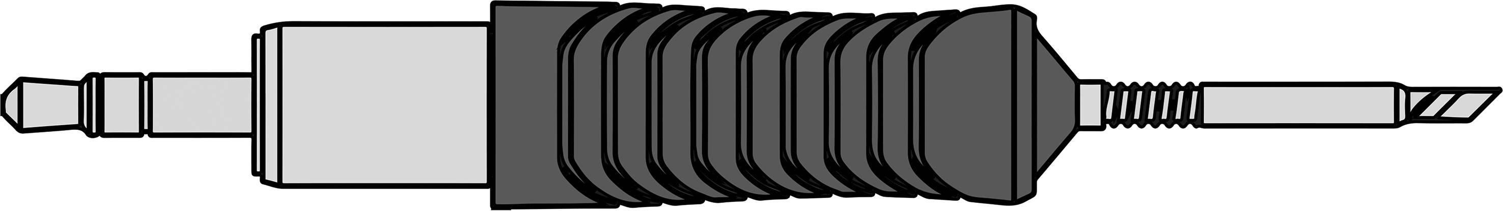 Ilustracja wtyczki elektrycznej z prążkowaną, czarną rękojeścią i metalowym zakończeniem.