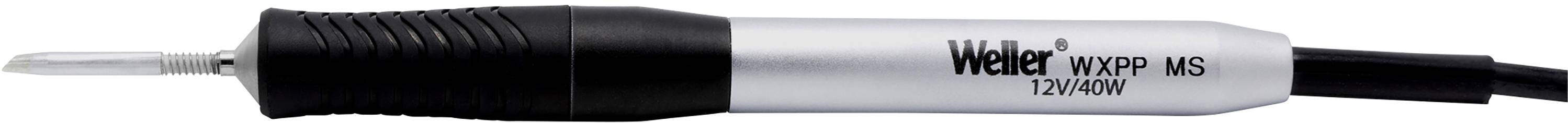 Lutownica marki Weller, model WXPP, 12V/40W, czarny uchwyt, srebrna obudowa, regulacyjny pin na czubku, przewód podłączeniowy po prawej stronie.
