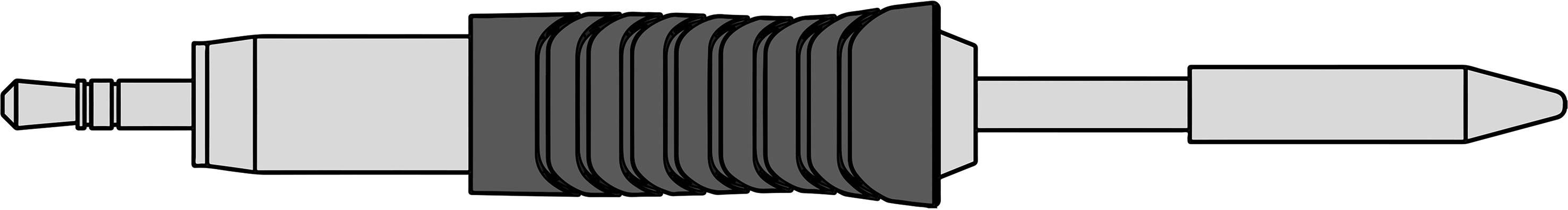 Ilustracja wtyczki audio z metalowym stykiem i prążkowaną plastikową rękojeścią, typowo stosowanej w urządzeniach elektronicznych.