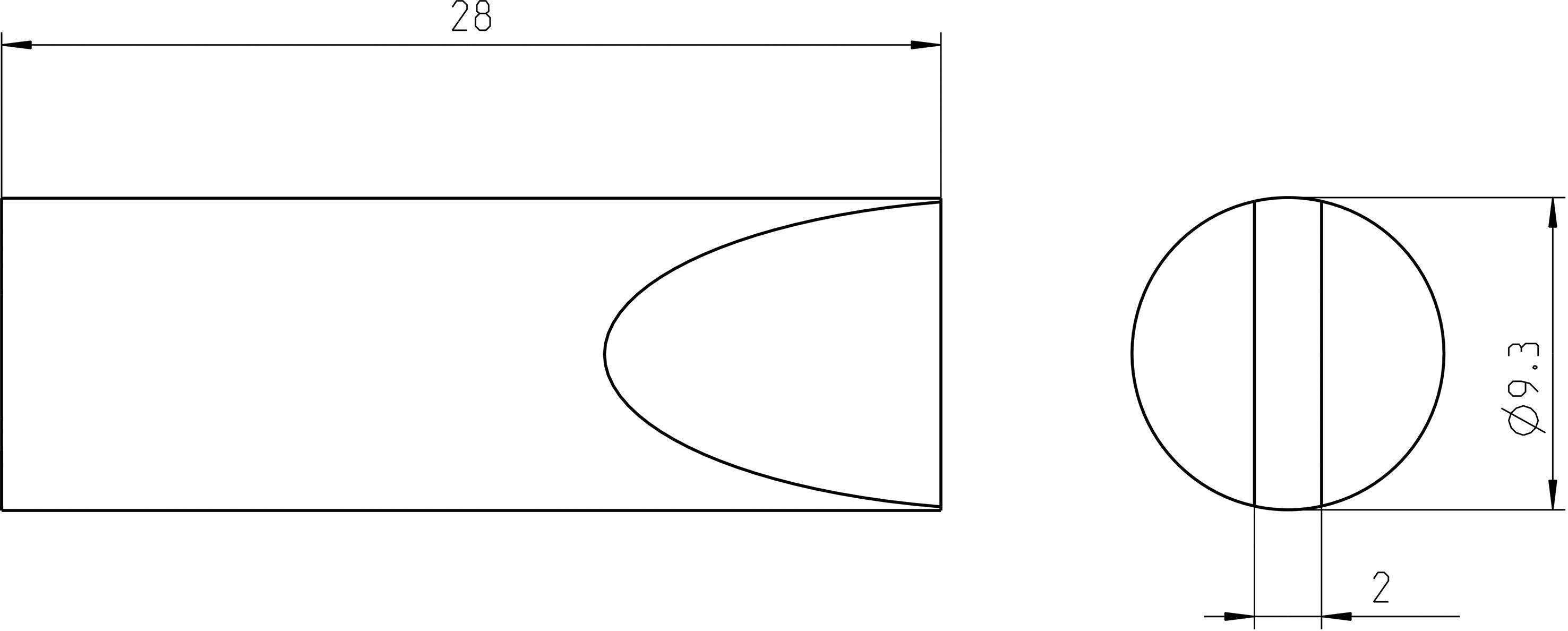Rysunek techniczny cylindrycznego obiektu o następujących wymiarach: długość 28, średnica 9,3 oraz szerokość 2 jednostki.