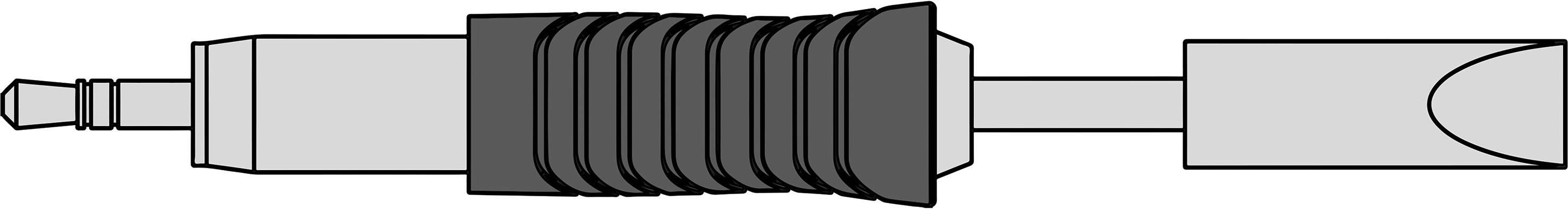 Wtyk kabla audio składający się z wtyku jack z prążkowaną plastikową rękojeścią zamocowaną przy przewodzie.