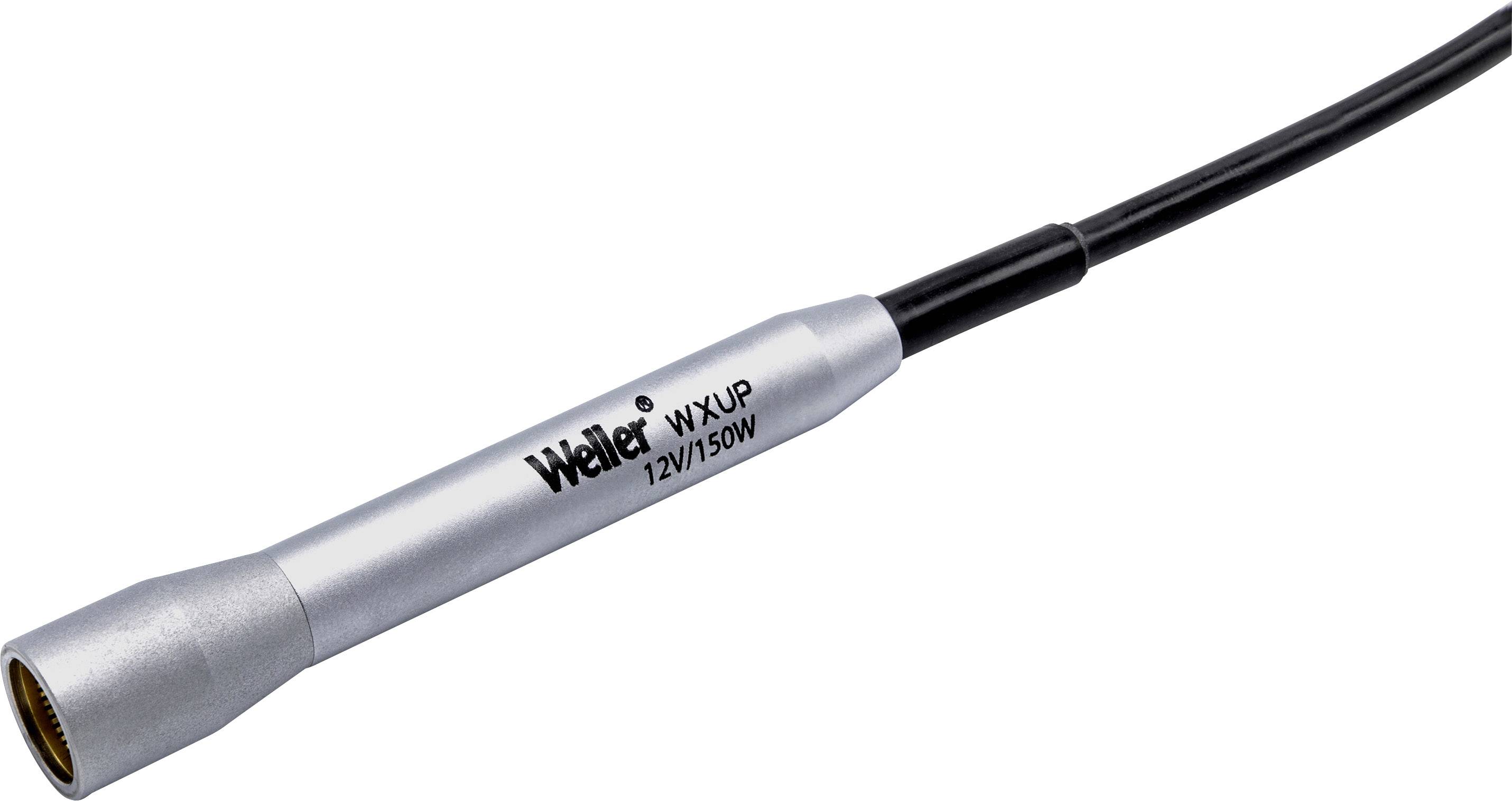 Srebrne elektroniczne narzędzie z napisem 'Weller WXUP 12V/50W', podłączone do czarnego przewodu.