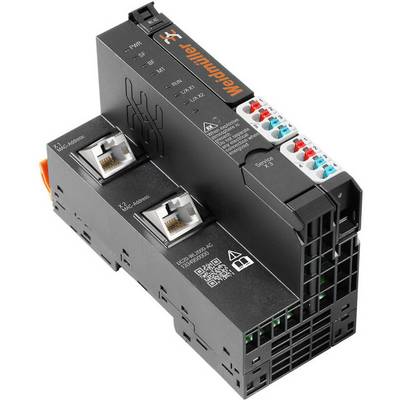 Czarna jednostka sterująca z pomarańczowym logo, portami Ethernet oraz kolorowymi zaciskami przyłączeniowymi. Używana do interfejsów automatyzacji.