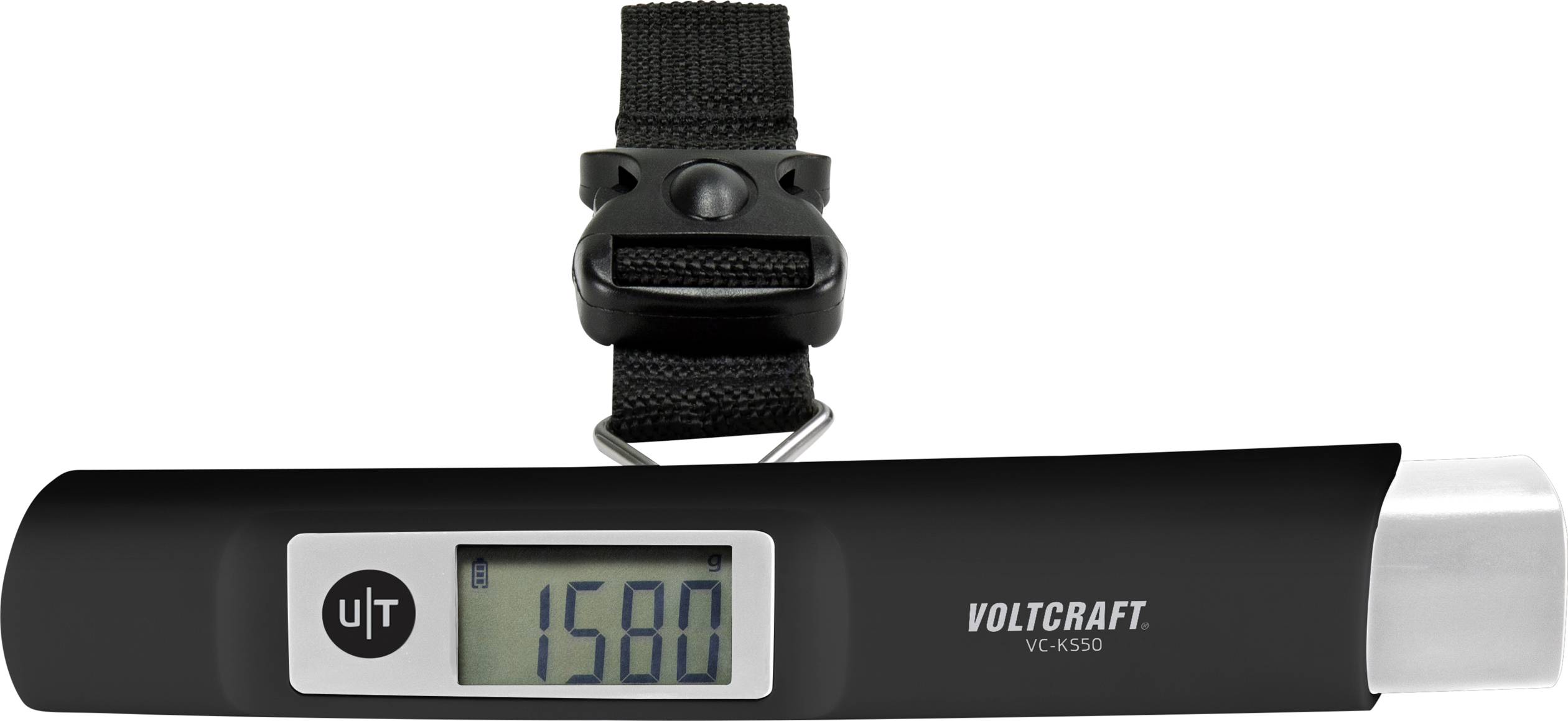 Ваги для багажу VOLTCRAFT VC-KS50, максимальний діапазон вимірювання 50 кг, градуювання 10 г, з динамо, чорний, сірий глянцевий