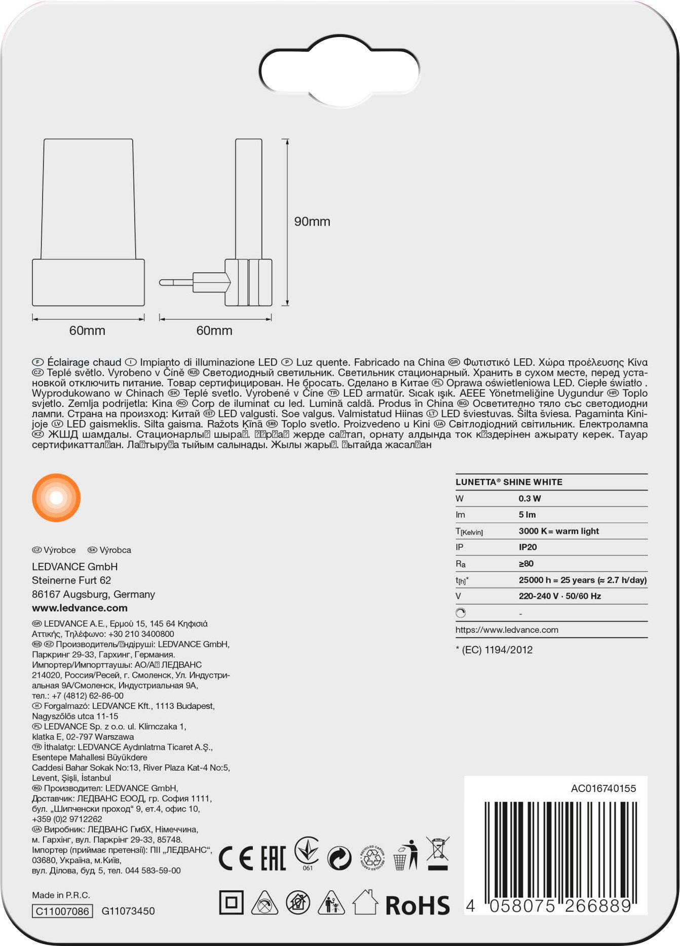 Opakowanie tylnej strony lampy LED o wymiarach 60x90 mm. Zawiera specyfikacje produktu, dane producenta oraz logo certyfikacyjne.