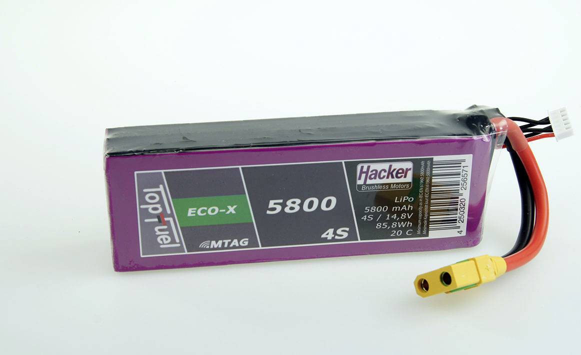 Akumulator litowo-polimerowy firmy Hacker o pojemności 5800 mAh, 4S, 14,8 V i 85,8 Wh. Idealny do modelarstwa i zastosowań zdalnie sterowanych.