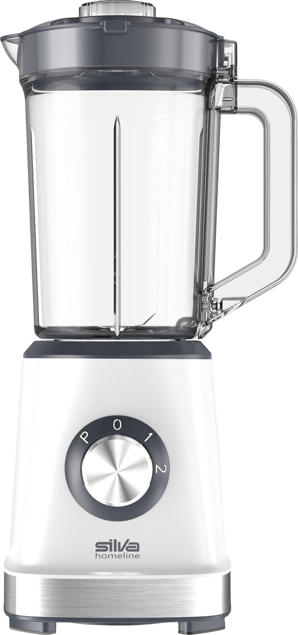 Biały blender stojący z szarą pokrywą i uchwytem, z przodu pokrętło z oznaczeniami 'P', 'O', '1', '2'.