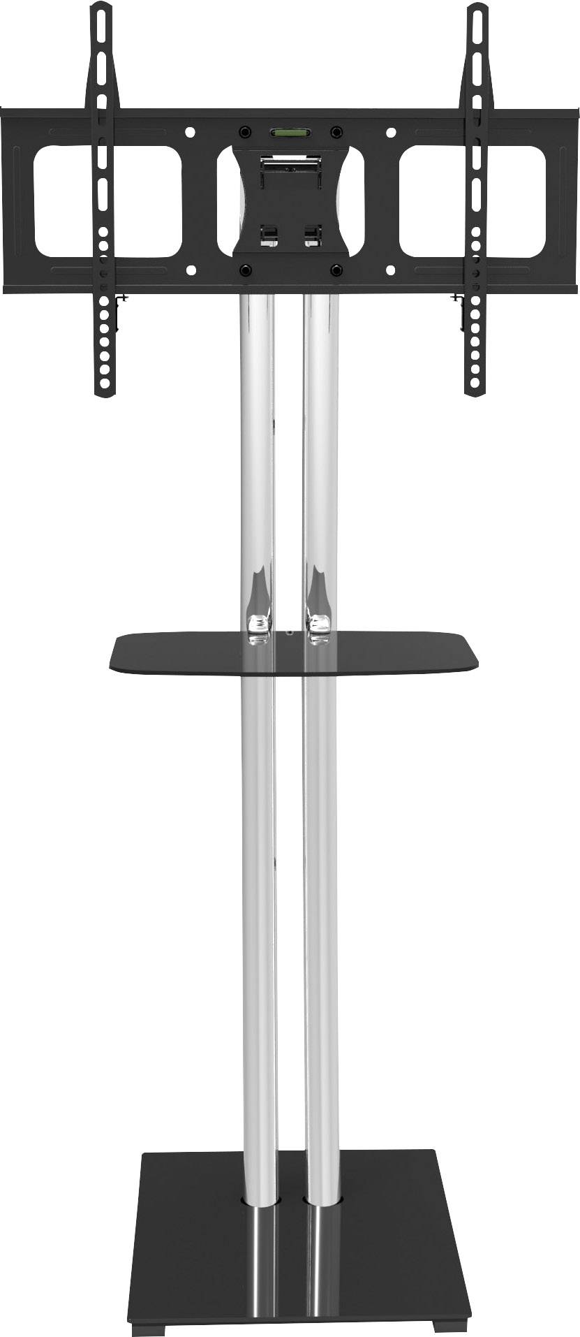 Regulowany stojak na telewizor z metalową ramą i szklaną półką, odpowiedni do montażu telewizorów płaskich.