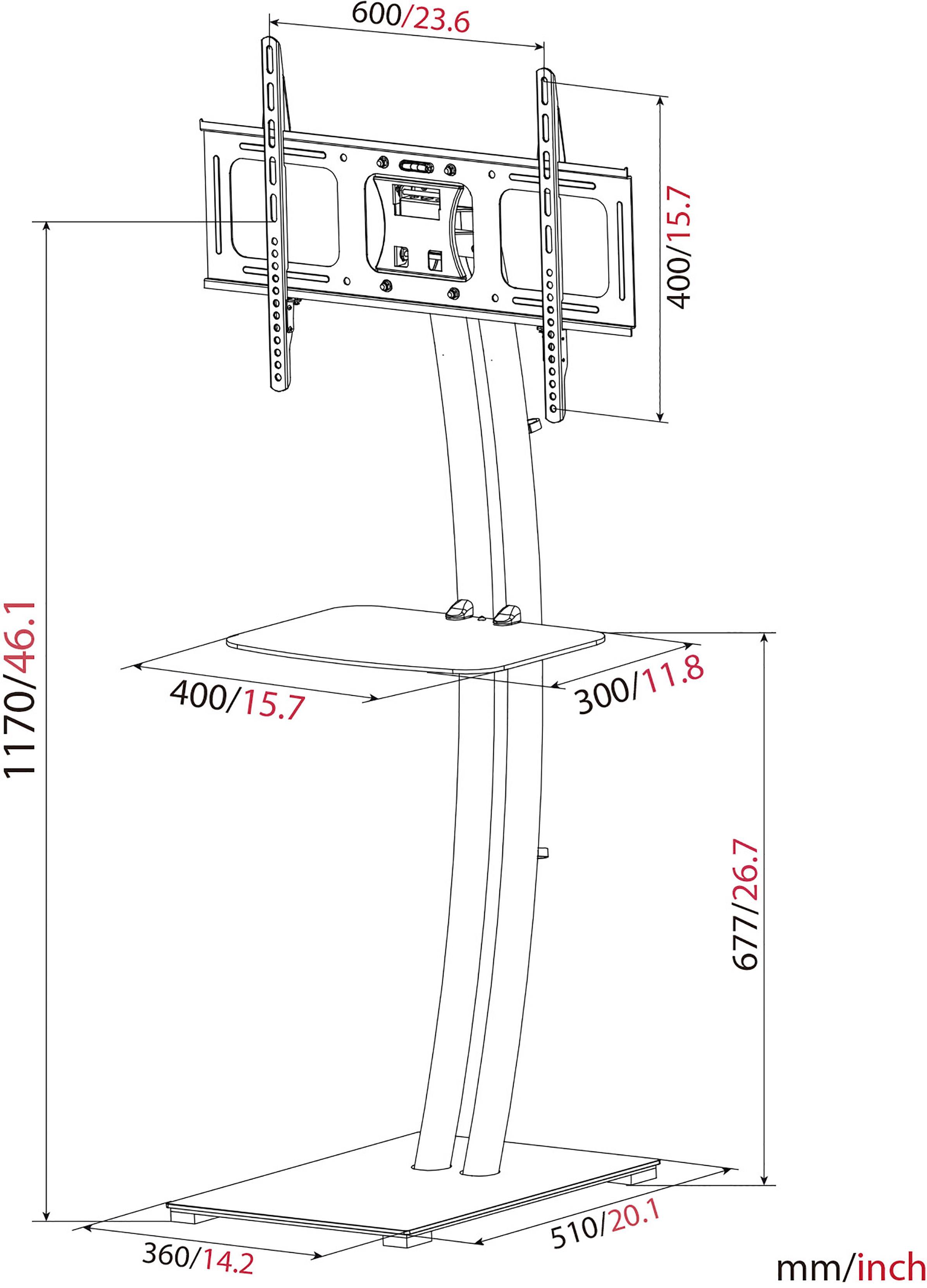 Diagram podstawy pod telewizor z wymiarami w mm i calach: wysokość 1170/46,1, powierzchnia podstawy 510/20,1 x 360/14,2, uchwyt 400/15,7.